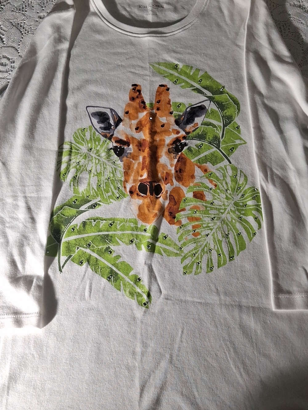 Womens Rogers White Long Sleeve Tee with Orange Giraffe and Green Leaf Print